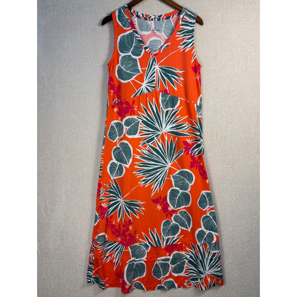 Cuddl Duds Orange Tropical Palm Sleeveless Maxi Dress Size Medium Stretch V-Neck